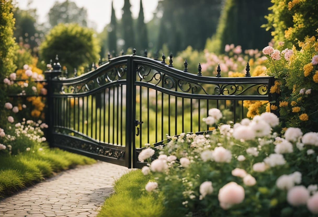 En haveport med blomstrende blomster og en snoet sti